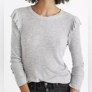 New Madewell Ruffle Shoulder Ribbed Knit Pullover Top Gray | Size L